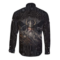 Vikings Odin Long Sleeve Button Shirt with Viking Runes and Ravens Norse Mythology - Wonder Print Shop