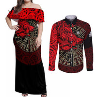 Yggdrasil Couples Matching Off Shoulder Maxi Dress and Long Sleeve Button Shirt with Red Norse Dragon and Runes Viking Heritage Tribute - Wonder Print Shop