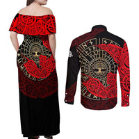 Yggdrasil Couples Matching Off Shoulder Maxi Dress and Long Sleeve Button Shirt with Red Norse Dragon and Runes Viking Heritage Tribute - Wonder Print Shop