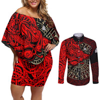 Yggdrasil Couples Matching Off Shoulder Short Dress and Long Sleeve Button Shirt with Red Norse Dragon and Runes Viking Heritage Tribute - Wonder Print Shop