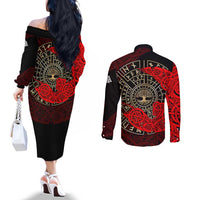 Yggdrasil Couples Matching Off The Shoulder Long Sleeve Dress and Long Sleeve Button Shirt with Red Norse Dragon and Runes Viking Heritage Tribute - Wonder Print Shop