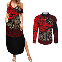 Yggdrasil Couples Matching Summer Maxi Dress and Long Sleeve Button Shirt with Red Norse Dragon and Runes Viking Heritage Tribute - Wonder Print Shop