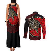 Yggdrasil Couples Matching Tank Maxi Dress and Long Sleeve Button Shirt with Red Norse Dragon and Runes Viking Heritage Tribute - Wonder Print Shop