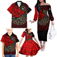 Yggdrasil Family Matching Off The Shoulder Long Sleeve Dress and Hawaiian Shirt with Red Norse Dragon and Runes Viking Heritage Tribute - Wonder Print Shop