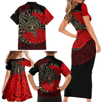 Yggdrasil Family Matching Short Sleeve Bodycon Dress and Hawaiian Shirt with Red Norse Dragon and Runes Viking Heritage Tribute - Wonder Print Shop
