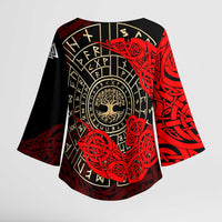 Yggdrasil Kimono Sleeve Blouse with Red Norse Dragon and Runes Viking Heritage Tribute - Wonder Print Shop