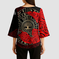 Yggdrasil Kimono Sleeve Blouse with Red Norse Dragon and Runes Viking Heritage Tribute - Wonder Print Shop