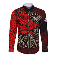 Yggdrasil Long Sleeve Button Shirt with Red Norse Dragon and Runes Viking Heritage Tribute - Wonder Print Shop