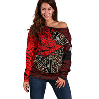 Yggdrasil Off Shoulder Sweater with Red Norse Dragon and Runes Viking Heritage Tribute - Wonder Print Shop