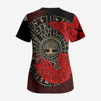 Yggdrasil Scrub Top with Red Norse Dragon and Runes Viking Heritage Tribute - Wonder Print Shop