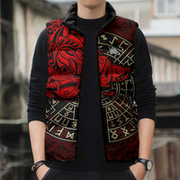 Yggdrasil Sleeveless Puffer Jacket with Red Norse Dragon and Runes Viking Heritage Tribute - Wonder Print Shop