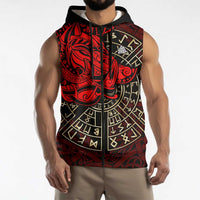 Yggdrasil Sleeveless Zip Hoodie with Red Norse Dragon and Runes Viking Heritage Tribute - Wonder Print Shop