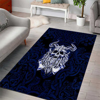 Vikings Skull Area Rug with Horned Helmet, Blue Axes and Runes Norse Warrior Tribute - Wonder Print Shop