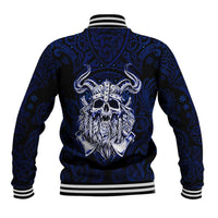 Vikings Skull Baseball Jacket with Horned Helmet, Blue Axes and Runes Norse Warrior Tribute - Wonder Print Shop