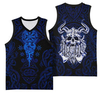 Vikings Skull Basketball Jersey with Horned Helmet, Blue Axes and Runes Norse Warrior Tribute - Wonder Print Shop