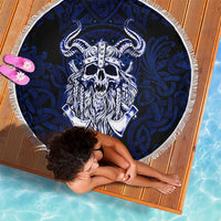 Vikings Skull Beach Blanket with Horned Helmet, Blue Axes and Runes Norse Warrior Tribute - Wonder Print Shop
