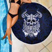 Vikings Skull Beach Blanket with Horned Helmet, Blue Axes and Runes Norse Warrior Tribute - Wonder Print Shop