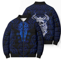 Vikings Skull Bomber Puffer Jacket with Horned Helmet, Blue Axes and Runes Norse Warrior Tribute - Wonder Print Shop
