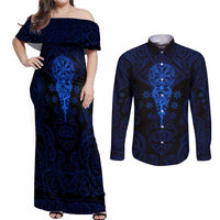 Vikings Skull Couples Matching Off Shoulder Maxi Dress and Long Sleeve Button Shirt with Horned Helmet, Blue Axes and Runes Norse Warrior Tribute - Wonder Print Shop