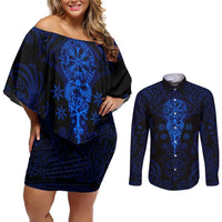 Vikings Skull Couples Matching Off Shoulder Short Dress and Long Sleeve Button Shirt with Horned Helmet, Blue Axes and Runes Norse Warrior Tribute - Wonder Print Shop