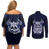 Vikings Skull Couples Matching Off Shoulder Short Dress and Long Sleeve Button Shirt with Horned Helmet, Blue Axes and Runes Norse Warrior Tribute - Wonder Print Shop