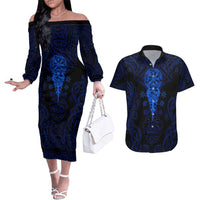 Vikings Skull Couples Matching Off The Shoulder Long Sleeve Dress and Hawaiian Shirt with Horned Helmet, Blue Axes and Runes Norse Warrior Tribute - Wonder Print Shop