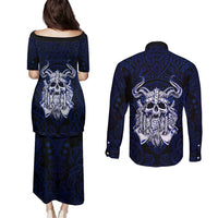Vikings Skull Couples Matching Puletasi and Long Sleeve Button Shirt with Horned Helmet, Blue Axes and Runes Norse Warrior Tribute - Wonder Print Shop