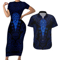 Vikings Skull Couples Matching Short Sleeve Bodycon Dress and Hawaiian Shirt with Horned Helmet, Blue Axes and Runes Norse Warrior Tribute - Wonder Print Shop