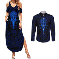 Vikings Skull Couples Matching Summer Maxi Dress and Long Sleeve Button Shirt with Horned Helmet, Blue Axes and Runes Norse Warrior Tribute - Wonder Print Shop