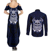 Vikings Skull Couples Matching Summer Maxi Dress and Long Sleeve Button Shirt with Horned Helmet, Blue Axes and Runes Norse Warrior Tribute - Wonder Print Shop