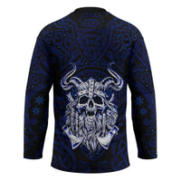 Vikings Skull Hockey Jersey with Horned Helmet, Blue Axes and Runes Norse Warrior Tribute - Wonder Print Shop