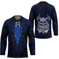 Vikings Skull Hockey Jersey with Horned Helmet, Blue Axes and Runes Norse Warrior Tribute - Wonder Print Shop