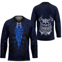 Vikings Skull Hockey Jersey with Horned Helmet, Blue Axes and Runes Norse Warrior Tribute - Wonder Print Shop