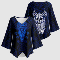 Vikings Skull Kimono Sleeve Blouse with Horned Helmet, Blue Axes and Runes Norse Warrior Tribute - Wonder Print Shop