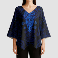 Vikings Skull Kimono Sleeve Blouse with Horned Helmet, Blue Axes and Runes Norse Warrior Tribute - Wonder Print Shop
