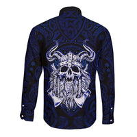 Vikings Skull Long Sleeve Button Shirt with Horned Helmet, Blue Axes and Runes Norse Warrior Tribute - Wonder Print Shop