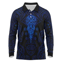 Vikings Skull Long Sleeve Polo Shirt with Horned Helmet, Blue Axes and Runes Norse Warrior Tribute - Wonder Print Shop