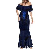Vikings Skull Mermaid Dress with Horned Helmet, Blue Axes and Runes Norse Warrior Tribute - Wonder Print Shop