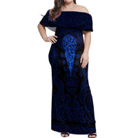 Vikings Skull Off Shoulder Maxi Dress with Horned Helmet, Blue Axes and Runes Norse Warrior Tribute - Wonder Print Shop