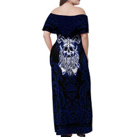 Vikings Skull Off Shoulder Maxi Dress with Horned Helmet, Blue Axes and Runes Norse Warrior Tribute - Wonder Print Shop