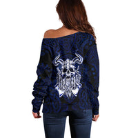 Vikings Skull Off Shoulder Sweater with Horned Helmet, Blue Axes and Runes Norse Warrior Tribute - Wonder Print Shop