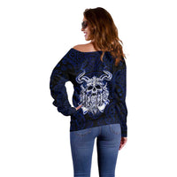 Vikings Skull Off Shoulder Sweater with Horned Helmet, Blue Axes and Runes Norse Warrior Tribute - Wonder Print Shop