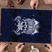 Vikings Skull Puzzle with Horned Helmet, Blue Axes and Runes Norse Warrior Tribute - Wonder Print Shop