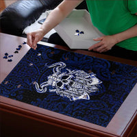Vikings Skull Puzzle with Horned Helmet, Blue Axes and Runes Norse Warrior Tribute - Wonder Print Shop