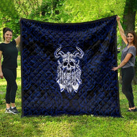 Vikings Skull Quilt with Horned Helmet, Blue Axes and Runes Norse Warrior Tribute - Wonder Print Shop