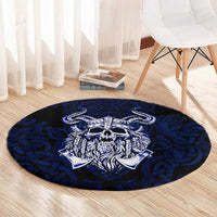 Vikings Skull Round Carpet with Horned Helmet, Blue Axes and Runes Norse Warrior Tribute - Wonder Print Shop