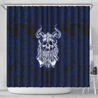 Vikings Skull Shower Curtain with Horned Helmet, Blue Axes and Runes Norse Warrior Tribute - Wonder Print Shop
