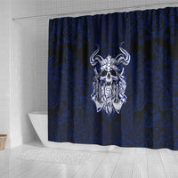 Vikings Skull Shower Curtain with Horned Helmet, Blue Axes and Runes Norse Warrior Tribute - Wonder Print Shop