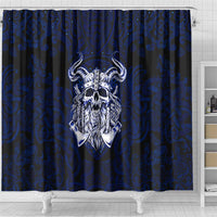 Vikings Skull Shower Curtain with Horned Helmet, Blue Axes and Runes Norse Warrior Tribute - Wonder Print Shop