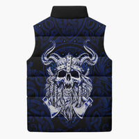 Vikings Skull Sleeveless Puffer Jacket with Horned Helmet, Blue Axes and Runes Norse Warrior Tribute - Wonder Print Shop